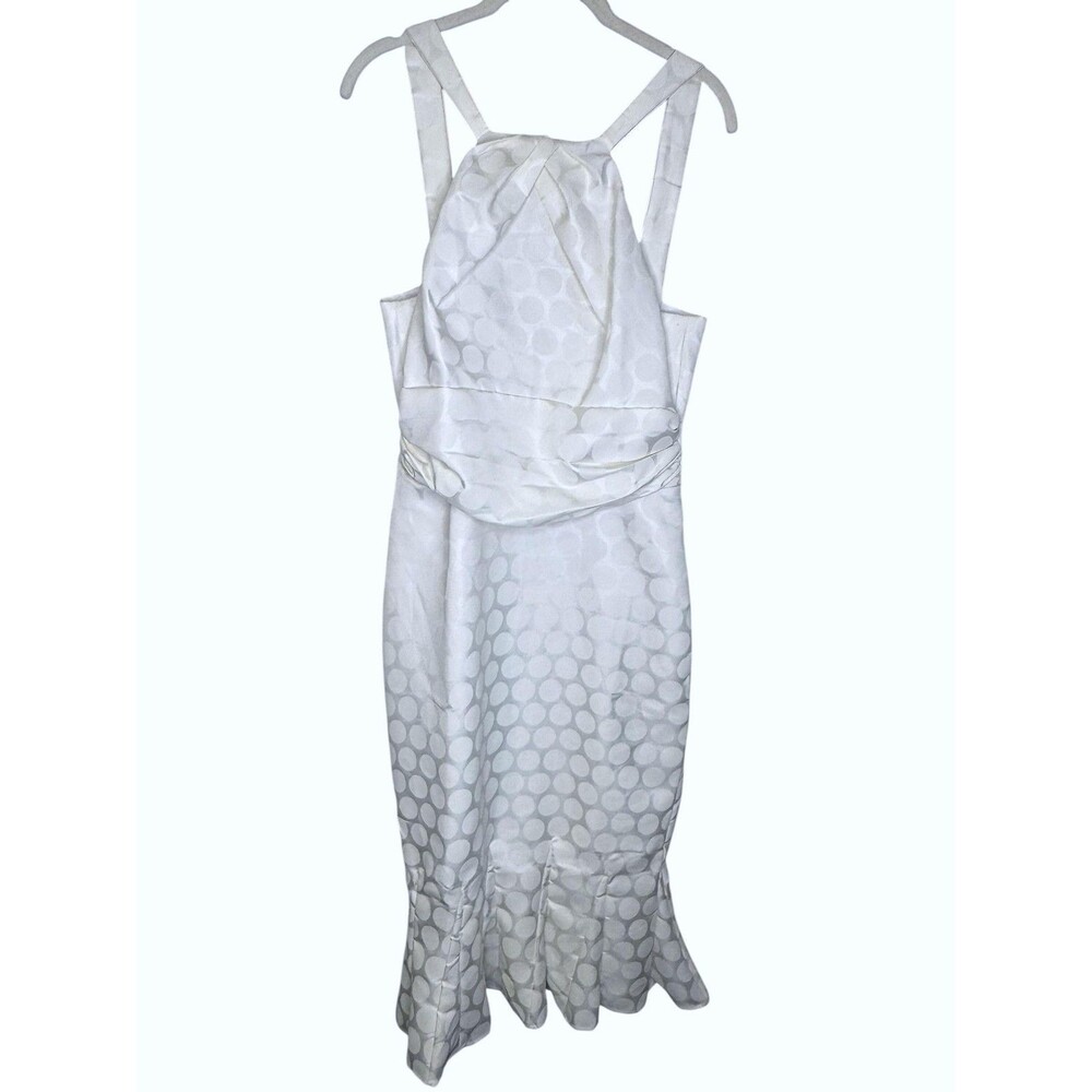 Bettie Page Dress 10 White White Polka Dot Jacquard Mermaid Midi Ruffle Pin Up